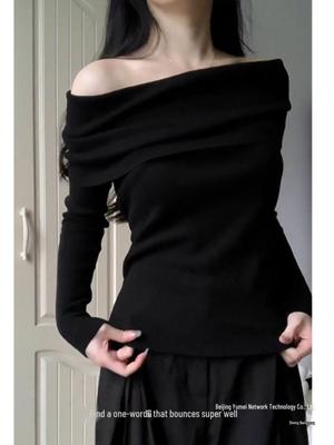 French Black Off-the-Shoulder Women's Autumn Sweater - Stylish, Slimming, Long-Sleeve Design