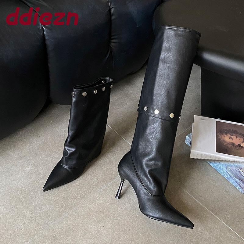 Fashion Fashion Rivet Women Knee High Modern Boots Female Slip On Shoes Pointed Toe Ladies Long Boots With Heels Shoes Pumps lady