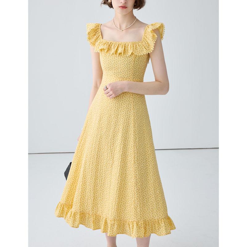 

Стильное платье. Женское летнее платье с квадратным воротником и цветочным принтом. Повседневные платья для пляжного отдыха. L