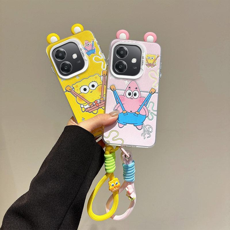KEYSION Cute Ear Cartoon Case for OPPO A3 A3X 5G A5i with Lanyard Soft Silicone+PC Shockproof Phone Cover for OPPO A40 A40m