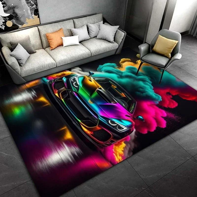 Large Size Car Themed Rug, Sports Car and Artistic Pattern Living Room Mat, Home Decor Carpet, Diverse Scene Floor Cover