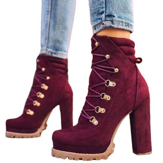 Autumn and Winter Waterproof Table High-heeled Lace-up Rivet Short Boots Suede Martin Boots