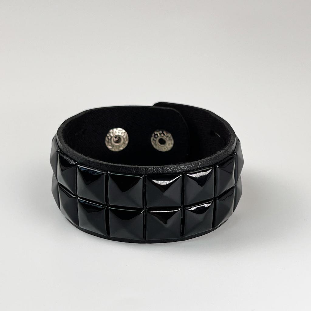 Men's Black & Silver Studded PU Leather Bracelet with Round Corners - Cross-Border Punk Style