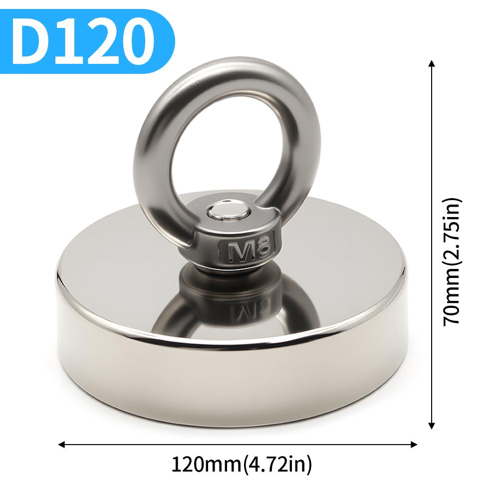 D16-D120MM Neodymium Fishing Magnet N52 Heavy Duty Rare Earth Magnet with Countersunk Hole Eyebolt Salvage Magnetic