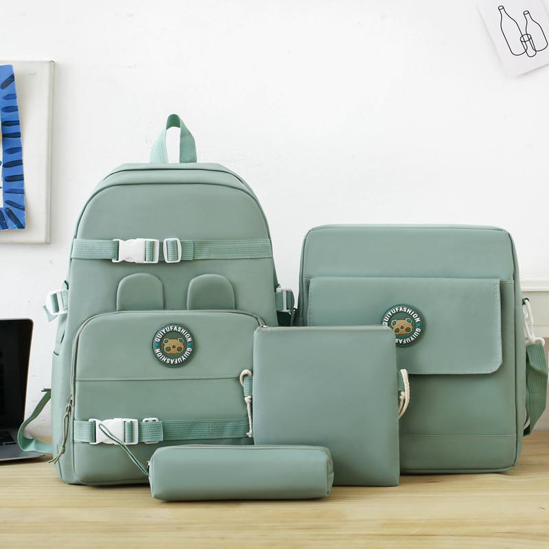 Elementary Solid Color School Bag Girls Large Capacity Canvas Backpack Set College Style Backpack