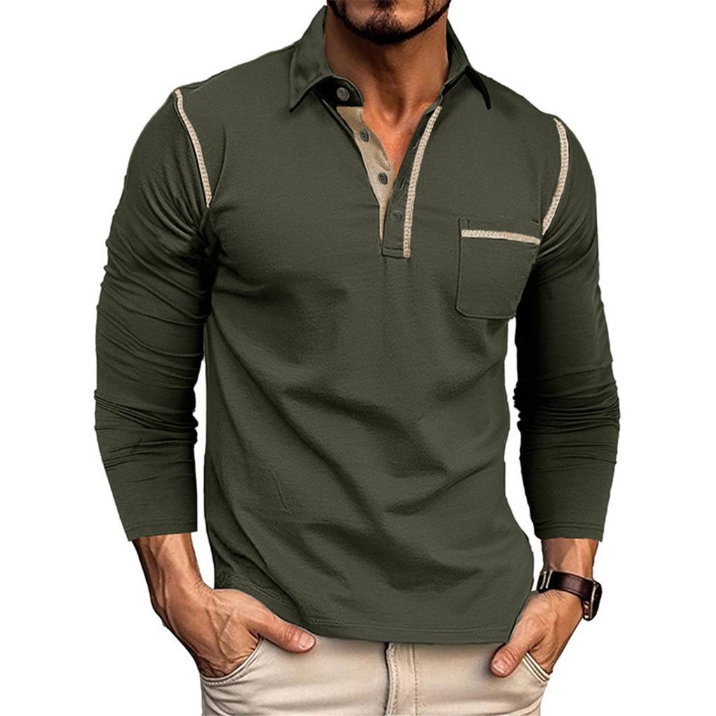 Men's Solid Color Button Lapel Long Sleeve Top Men's Casual Fashion Long Sleeve Top