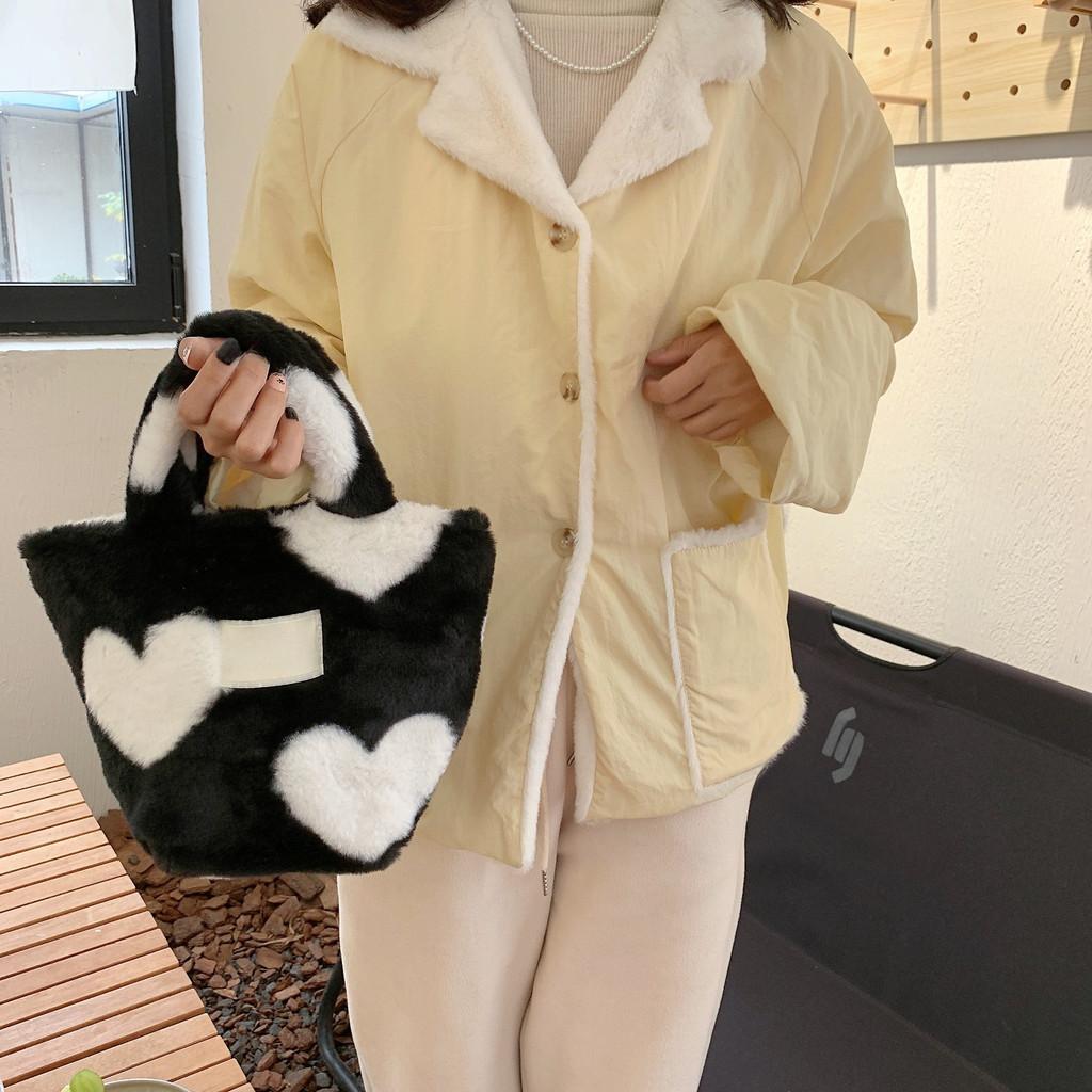 Adorable Plush Tote Bag With Heart Pattern Spacious Cute Student Handbag