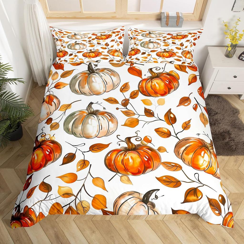 Herbst Kürbis Bettbezug Happy Fall Y'all Bettdeckenbezug für Jungen Mädchen Herbst Ahornblätter Bettwäscheset 3-teilig Bauernhaus Zimmerdeko
