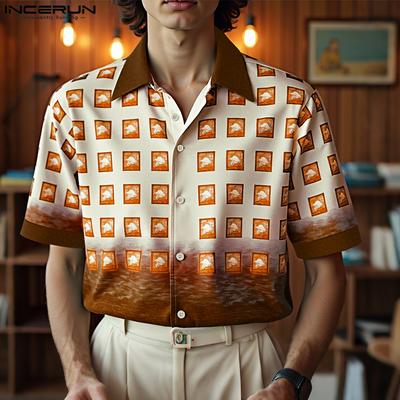 Oversized Shirts Men Lapel Short Sleeve Cartoon Funny Print Casual Tops