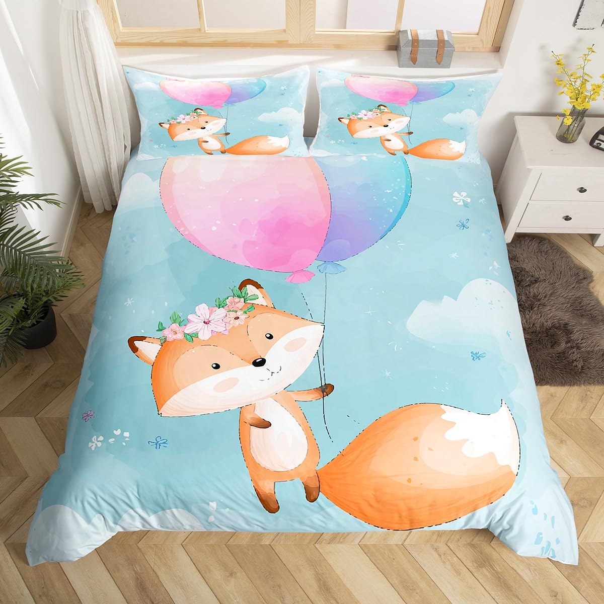 

Детский мультяшный пододеяльник с лисой Кинг Квин Оранжевый комплект постельного белья с животными Декор для спальни для девочек-подростков Чехол для одеяла с 2 наволочками EU Single(135x200cm)