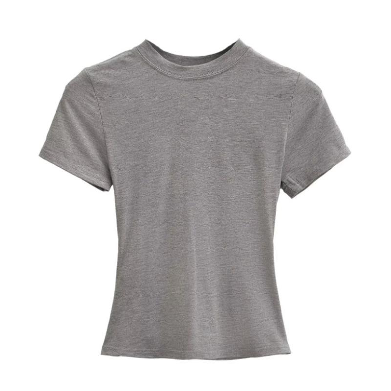 Amoi Women's Solid Color Kardashian Crew Neck Slim-Fit Short Bottom Shirt Basic Short Sleeve Shirt