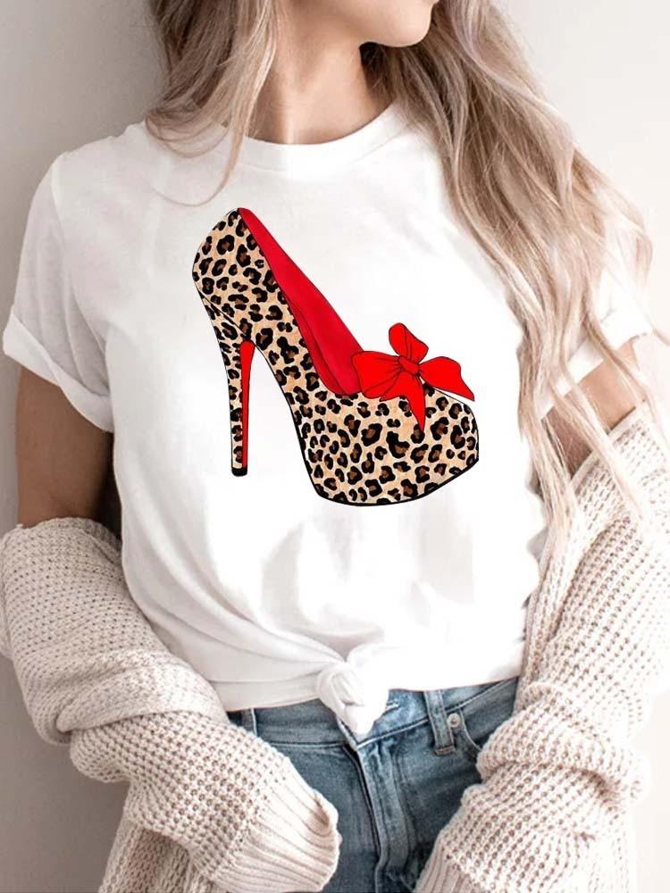 Modisches bedrucktes High-Heel-T-Shirt für Damen Modisches weißes Kurzarm-T-Shirt mit Schleifendesign Lässiges Home-Top für Mädchen