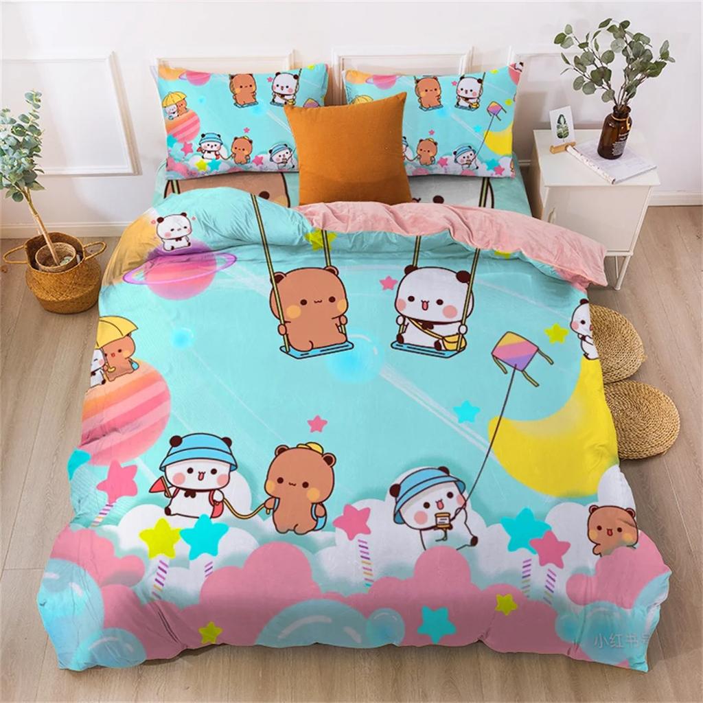 Cute Bear Bedding Set, Bubu Dudu Bear Printed Duvet Cover for Kids Boys Girls Teens,Cartoon Animal Pattern Quilt Cover Single