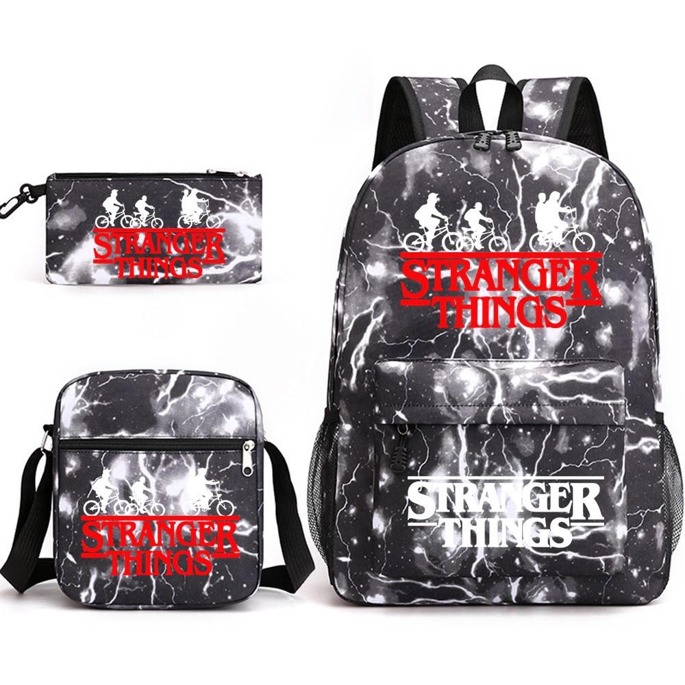Stylish Stranger Things Canvas Backpack Set Includes Shoulder Bag And Pencil Case Perfect For Casual Travel