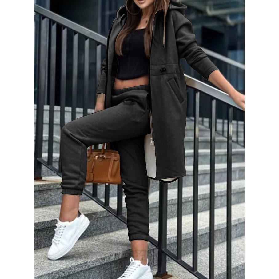 Autumn Winter Women's Hooded Jacket Trousers Suit Casual Everyday Joker Two-Piece Set
