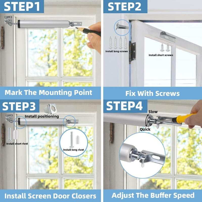 Heavy Duty Pneumatic Closer Soft Closing Automatic Closer for Screen and Storm Door Adjustable Speed Positioning Door Stop Hinge