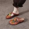 Johnature Retro Genuine Leather Colored Flower Round Toe Slippers Soft Soled Low Heel Comfortable Women's Slides