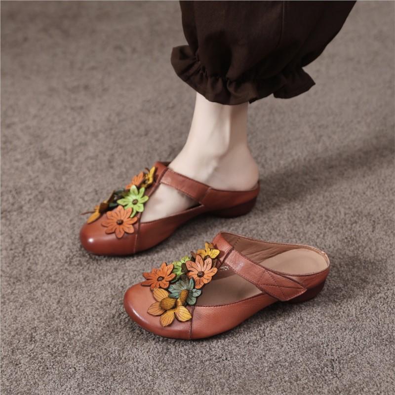 Johnature Retro Genuine Leather Colored Flower Round Toe Slippers Soft Soled Low Heel Comfortable Women's Slides