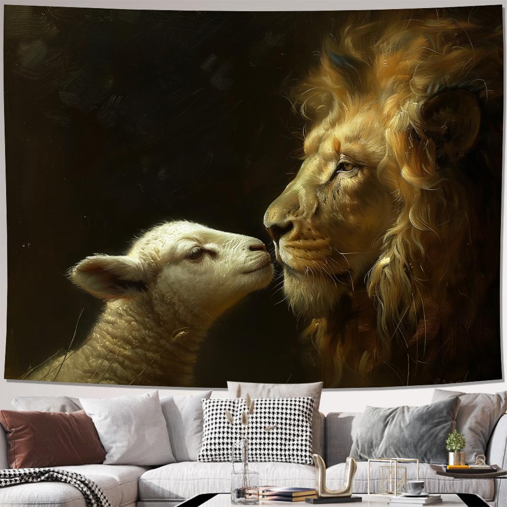 Majestic Lion and Lamb Tapestry Wall Hanging Art Print for Living Room Bedroom Decor Safari Wildlife Gift 150x300cm