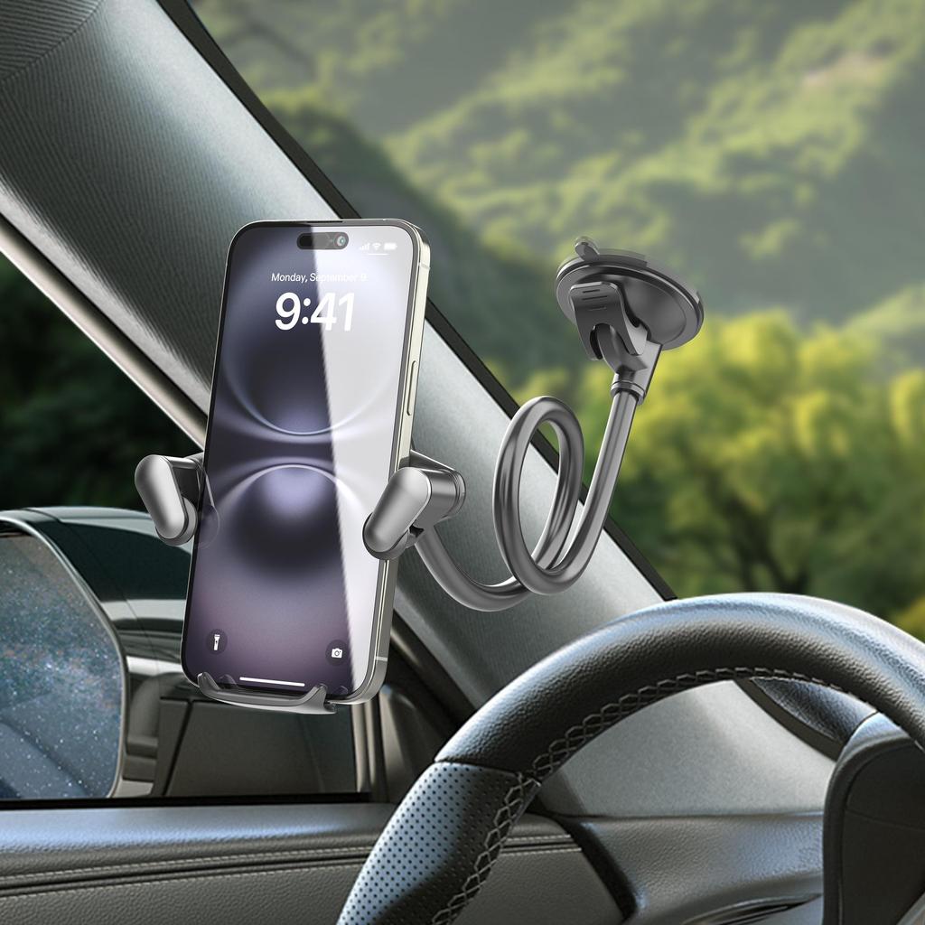Multi-Functional Suction Cup Windshield Phone Holder with Extended Soft Hose for Cars, Trucks, Vans, and Buses
