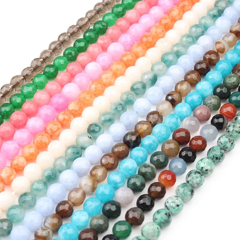 4/6/8/10/12mm Natural Faceted Pink Green Chalcedony Jades Stone Round Beads for Jewelry Making 15''