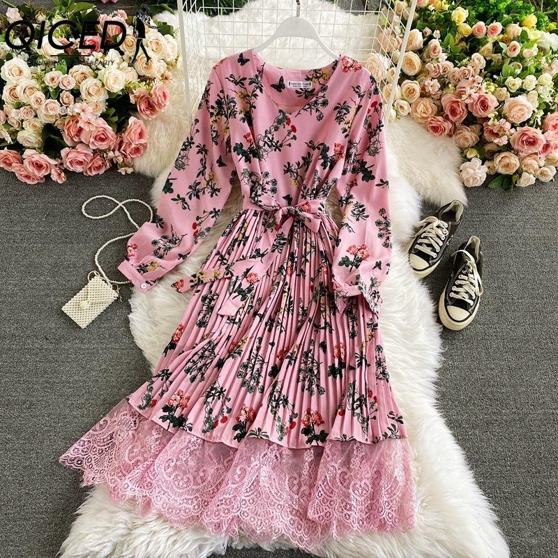 QICED 10 Color Retro Floral V-Neck Halter Waist Lace Dress Colored Fashion Long Dresses