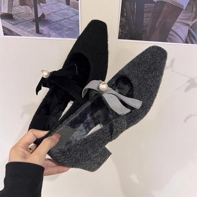 Medium and High Heel Gray Single Shoes Women's Shoes Season Velvet Square Head Evening Shoes Mary Jane Fluffy Shoes