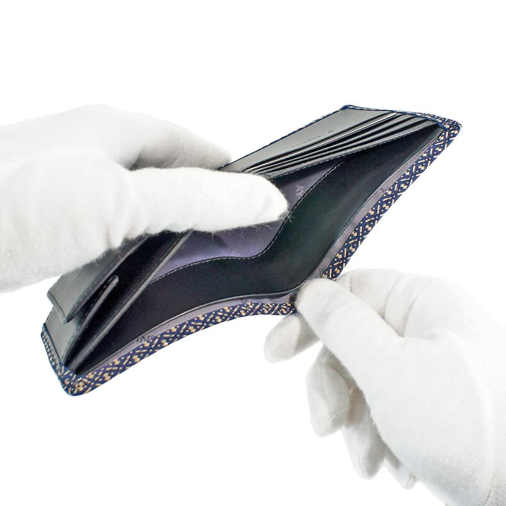 [Inden-ya] Inden Bifold Wallet with Small Bill Compartment and Box-Shaped Coin Purse, Deerskin Leather, Navy Blue with White Lacquer, Gourd Pattern,