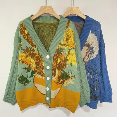 Herbst Winter Ölgemälde Stil Pullover Pullover Frauen Retro Jacquard Strickjacke Dame Mantel Pullover Mujer