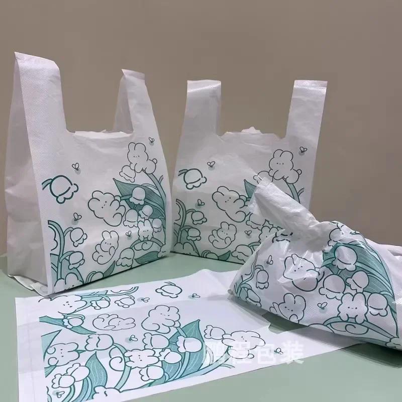 Handheld Plastic Bags Restaurant Takeaway Packaging Bag Shop Shopping Clothing Food Baking Dessert Cartoon Pattern Packing Bag