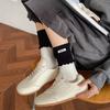 Women's Double-slit Lace Mid-calf Socks, Color-blocked Fabric Label Pile Socks, Four-season Casual Combed Cotton Simple and Trendy Socks