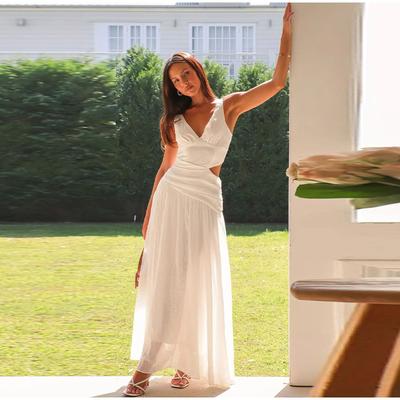 New Spring Summer Casual Sleeveless Pleated Long Dress Fashion Lady V-neck Dresses Simple Solid Color Hollow Backless Women's Dress
