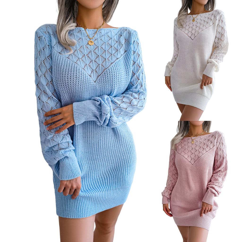 Women's Fashion Casual Hollow-out Collar Long Sleeve Pullover Sweater Dress