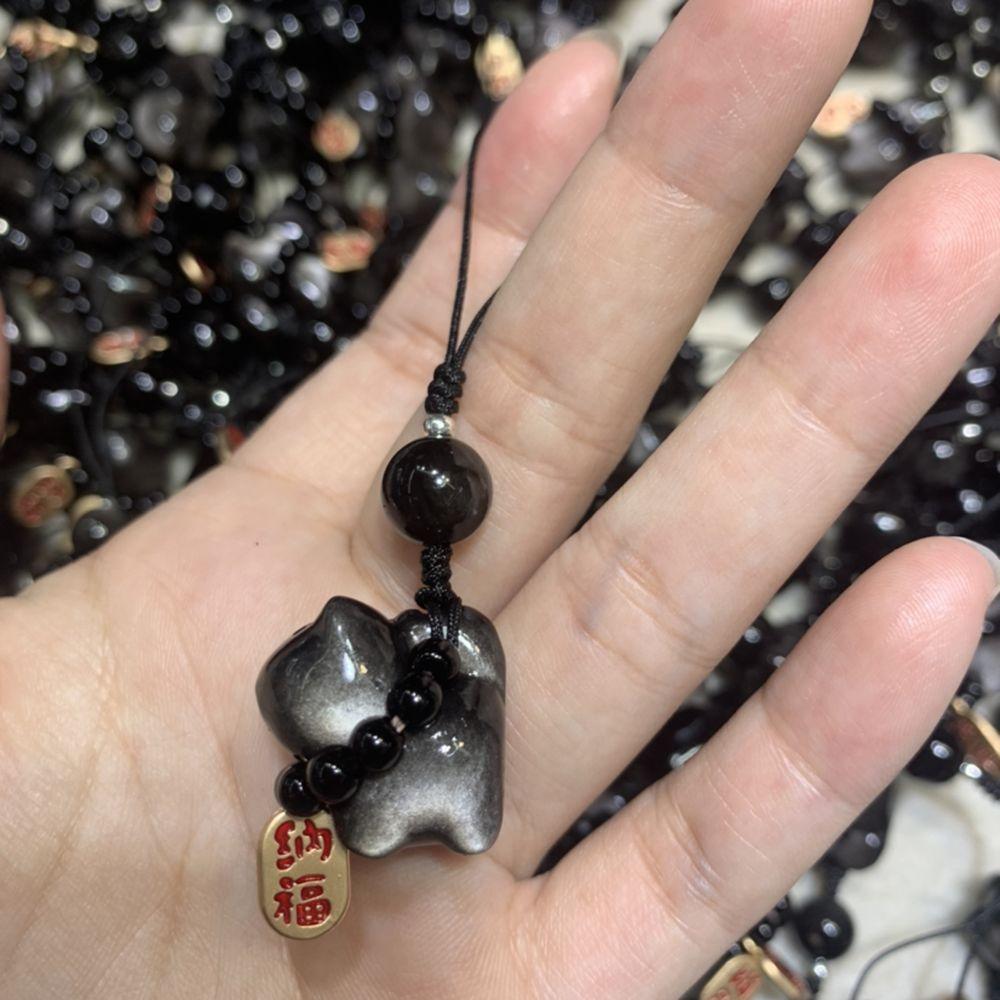 Stone Lucky Cat Braid Rope Pendant Silver Obsidian Cat Car Key Ring Cute Bag Charms  Couple