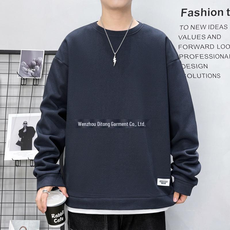 Men s Trendy Waffle Knit Faux Two-Piece Hoodie: Loose Fit Round Neck, Long Sleeve, Plus Velvet, Autumn/Winter Top Medium