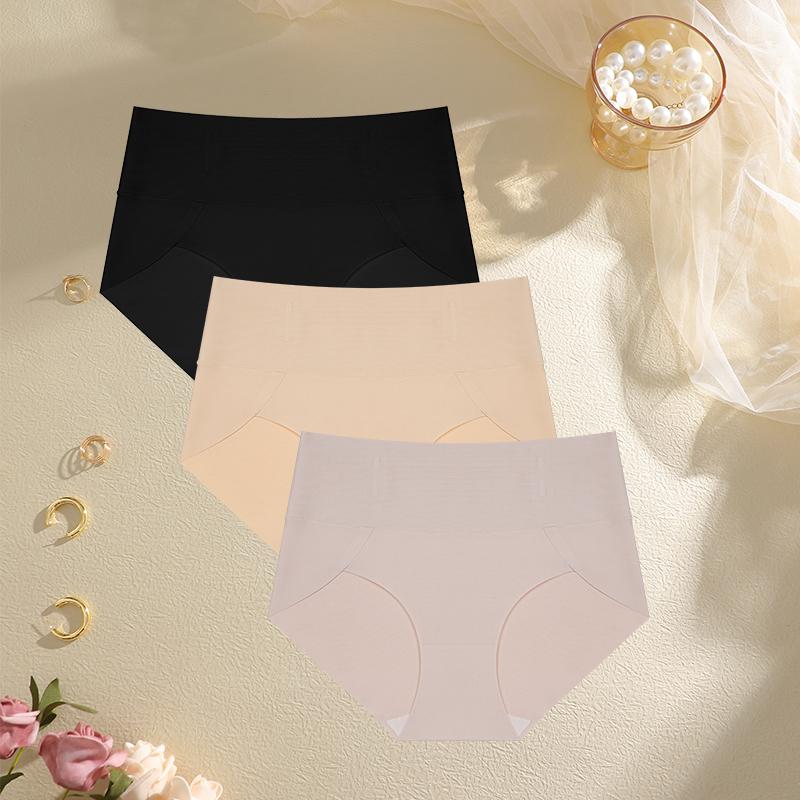 FINETOO 3Pcs Seamless High-Waisted Panty Anti-Slip Briefs Sexy Women's Underwear Anti-Curling Underpants S-3XL Large Size Pantie