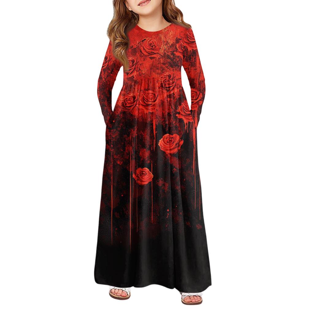 Girls' Maxi Dress Halloween Day- Long Sleeve Pocket Dress