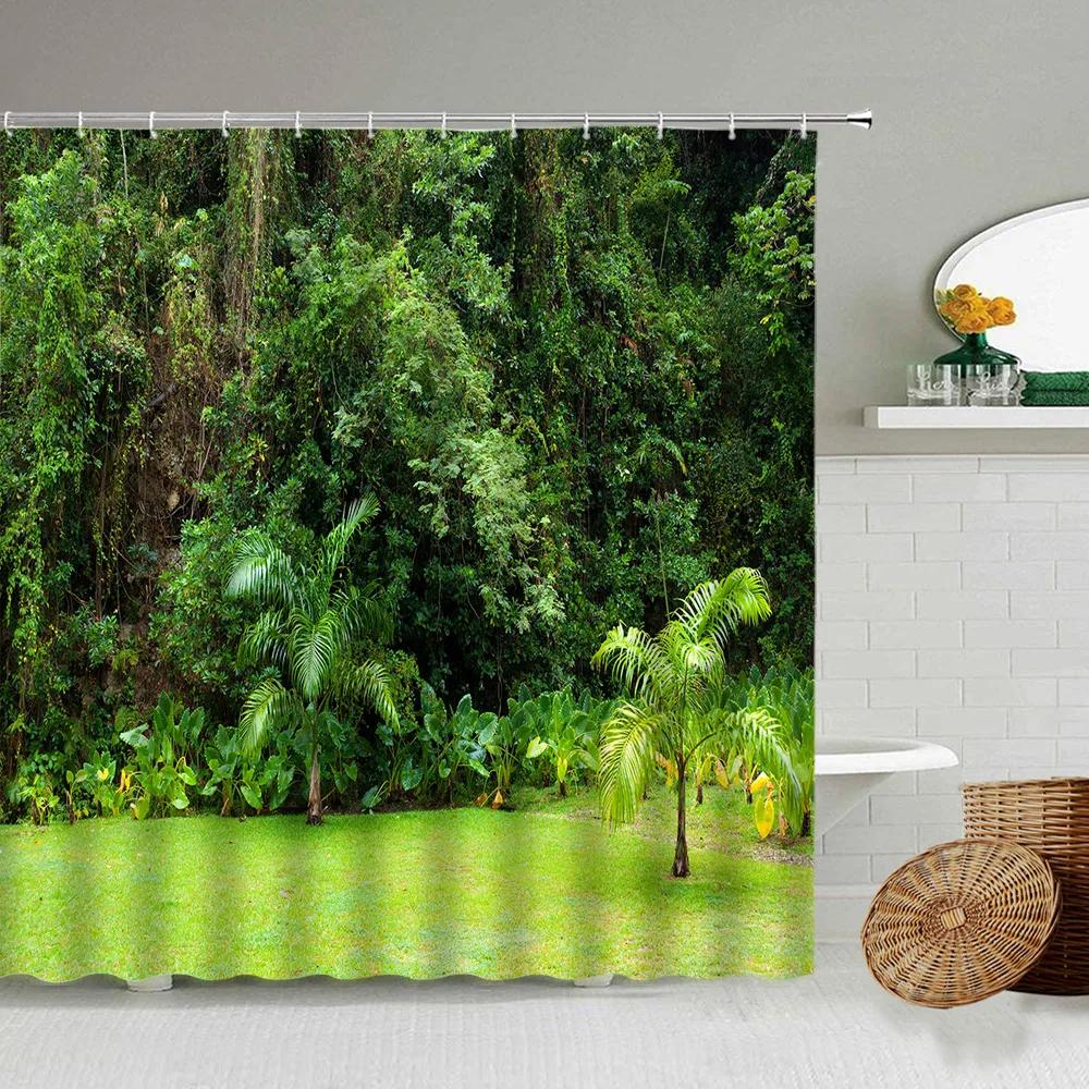

3D Green Plant Leaf Scenery Bath Shower Curtain Summer Leaves Forest Bathtub Cloth Product With Hook Bathroom Curtain Wall Decor W60H190(CM)-1 Pcs