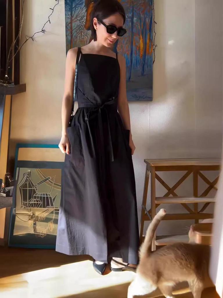 2024 Summer European & American Square Neck Tie Waist Solid Color Pocket Dress