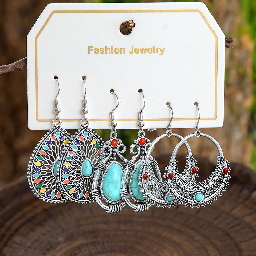 

3 пары сережек под античное серебро с бирюзой, геометрические эффектные серьги-подвески для женщин, на каждый день, для вечеринки, для работы, универсальные