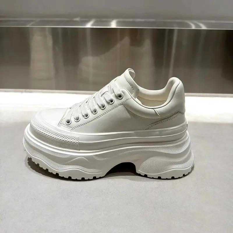 European Style Casual Women's Shoes 2025 New Autumn Collection 8cm Increased Height Thick Sole Old Fashioned White Shoes