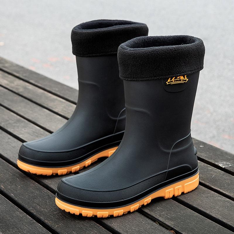 New Medium Tube Rain Shoes Men's Fashion Non-slip Water Boots Warm Rain Boots Fashion Rubber Shoes