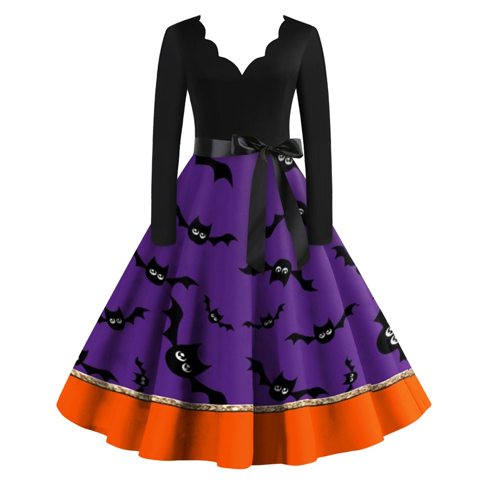 

Женское винтажное классическое платье с вырезом на талии и галстуком-бабочкой с длинными рукавами на Хэллоуин с принтом и V-образным вырезом, свободное платье XL имбирный