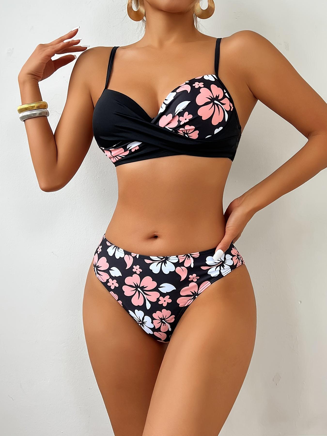 

[2-секционный купальник с цветочным узором] Комплект бикини с цветочным узором из 2 частей, купальники Vacay с V-образным вырезом и высоким вырезом, женская одежда для плавания и купальники XL чёрный