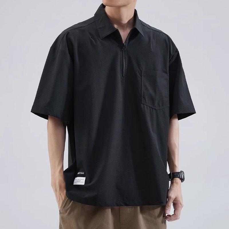 Casual Short Sleeve Polo Shirts Summer Fashion Zipper Men's Clothing Polo-Neck Basic Solid Color Loose Patch Designs T-shirts