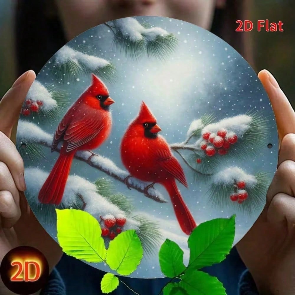 Vintage Metal Cardinal Sign 7.8 Inch Christmas Wall Art Rustic Home Decor Winter Snow Scene With Wreath