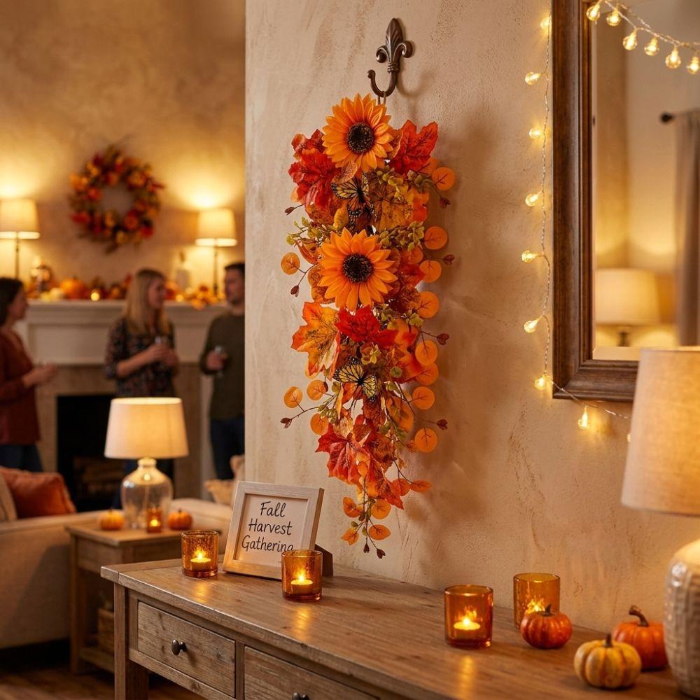 Lifelike Sunflower Wall Hanging Wreath with Butterfly Floral Maple Leaf Ornament  Front Door