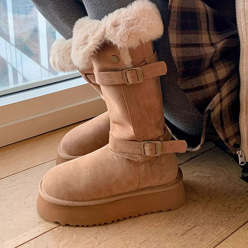 Real fur integrated thick-soled snow boots women's new winter velvet thickened warm medium and high tube long cotton shoes