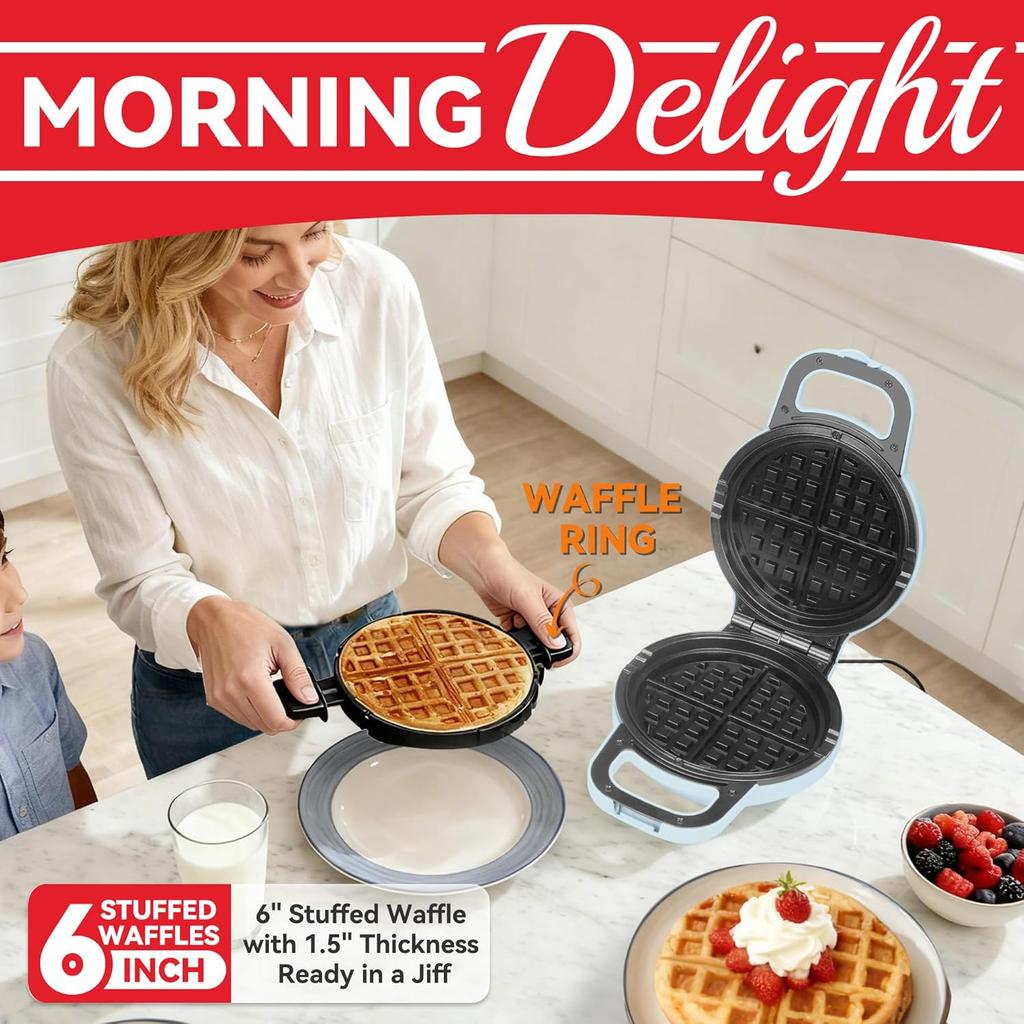 Stuffed Waffle Maker Rotating, Flip Waffles Maker Machine with Removable Waffle Ring, Ceramic Coated Belgian