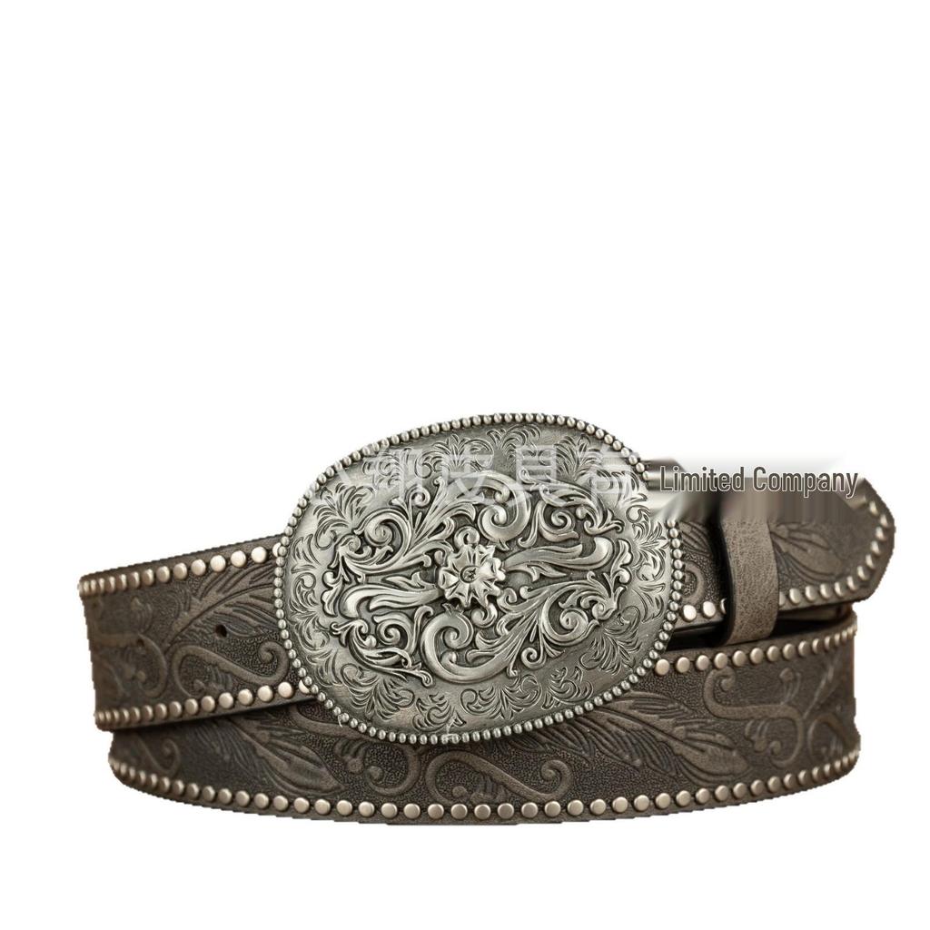 Retro Owalny Rzeźbiony Duży Klamra Skórzany Pasek PU - Unisex Casual Pasek
